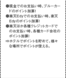 ●現金でのお支払い時、ブルーカードのポイント加算！　●楽天Edyでのお支払い時、楽天Edyのポイント加算！　●楽天ほか各種クレジットカードでのお支払い時、各種カード会社のポイント加算！　⇒ホテルでポイントを貯めて、様々な場所でポイントが使える。